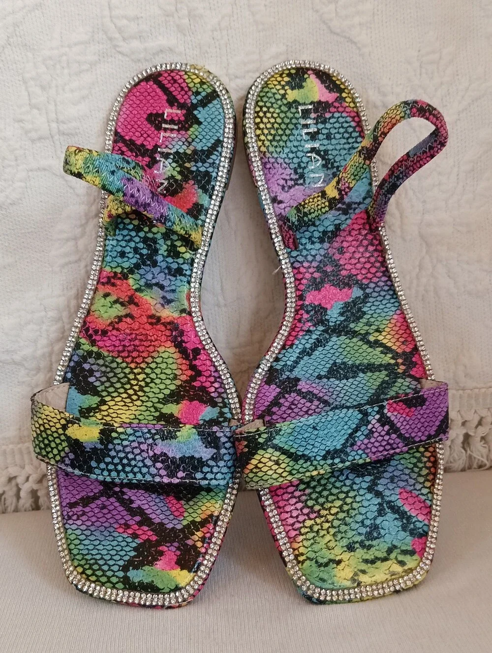 Liliana Neon Snake-Print Rhinestone Trim Flat Sandals Colorful Rainbow Flats 8